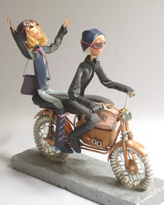 completed commission sculpture of art dolls on motorcycle