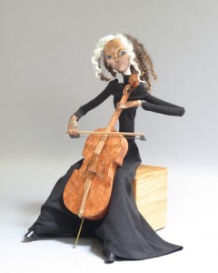art doll mixed media figure sculpture titled "Cello" by Lynn Wartski.