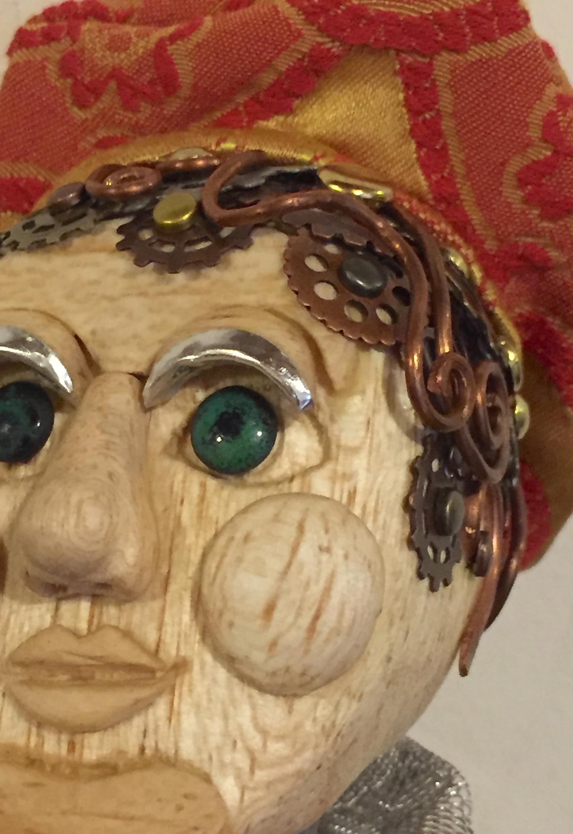 close up of facial features of Pinocchio art doll