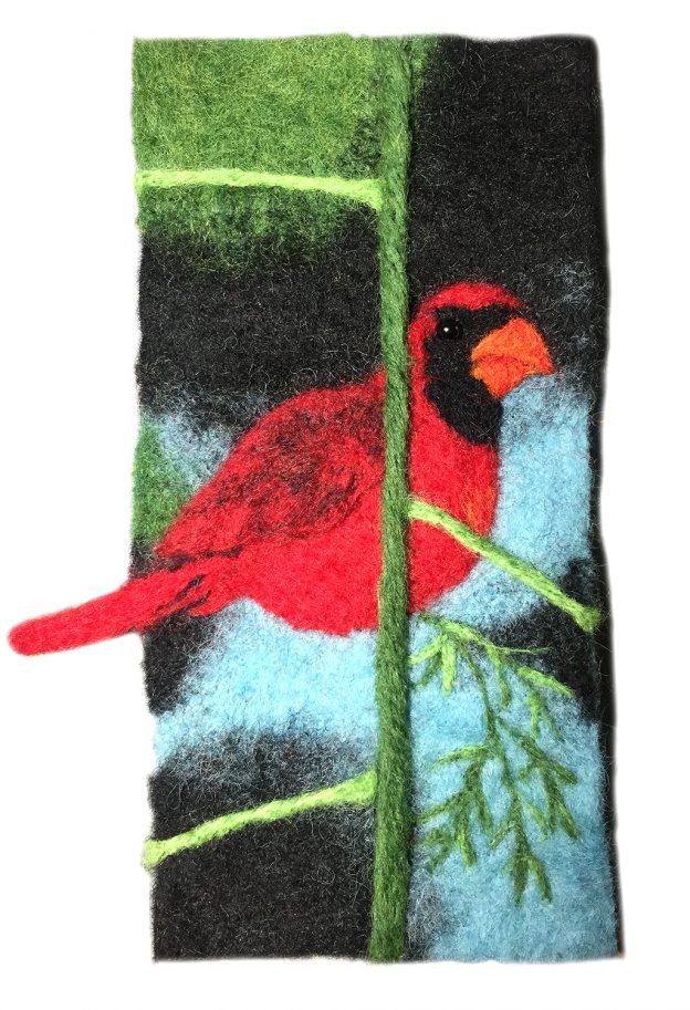 Carolina Songbird needle felted panel with cardinal