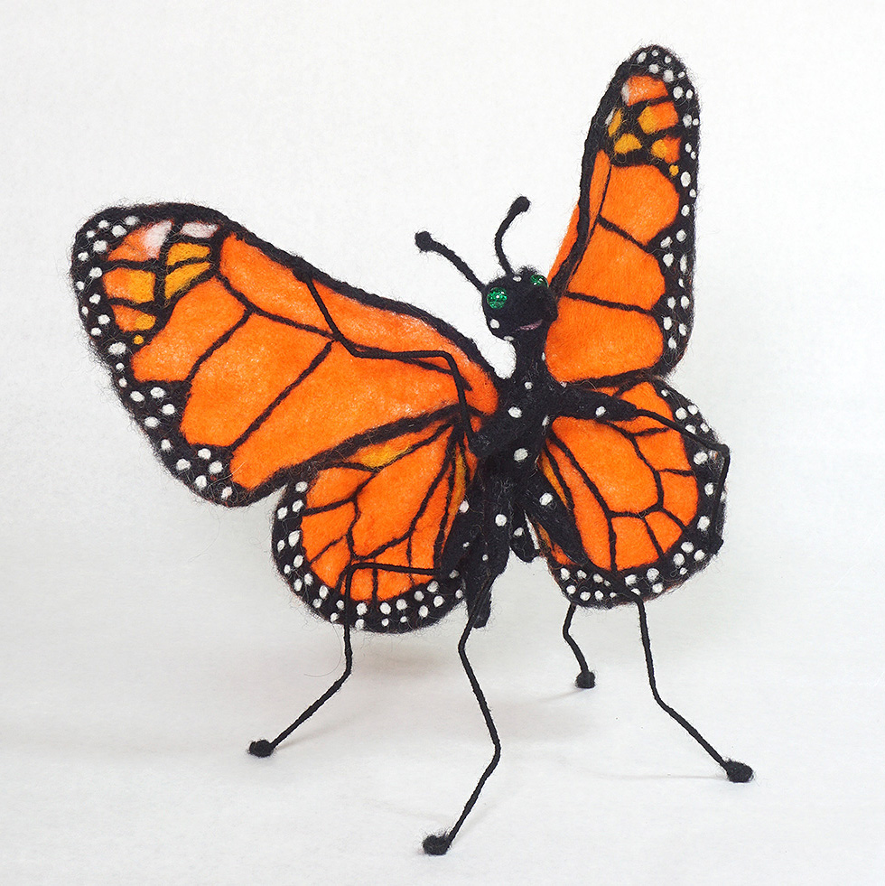 Stretching Her Wings - anthropomorphic butterfly needle-felted sculpture