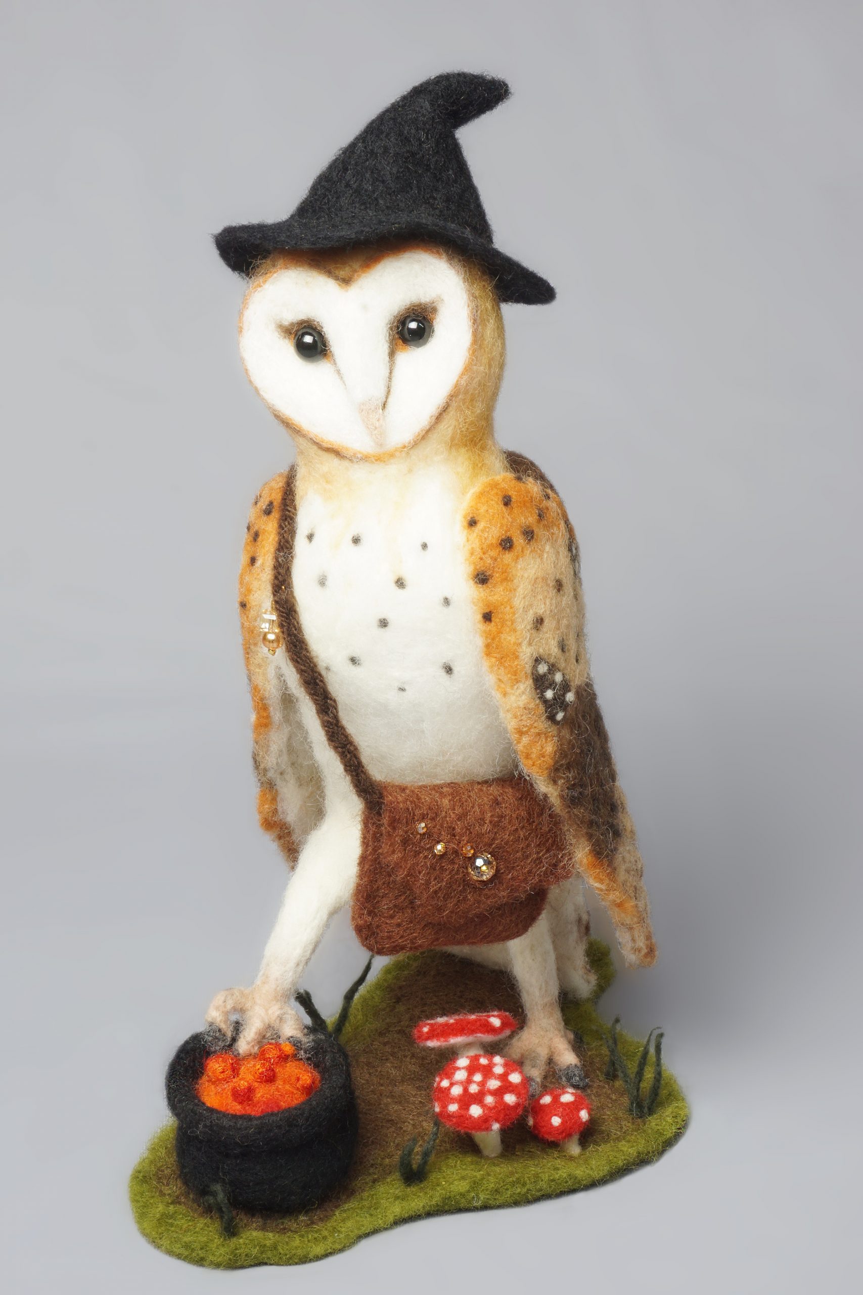 Anthropomorphic owl art doll sculpture. Needle felted wool, one-of-a-kind artist original