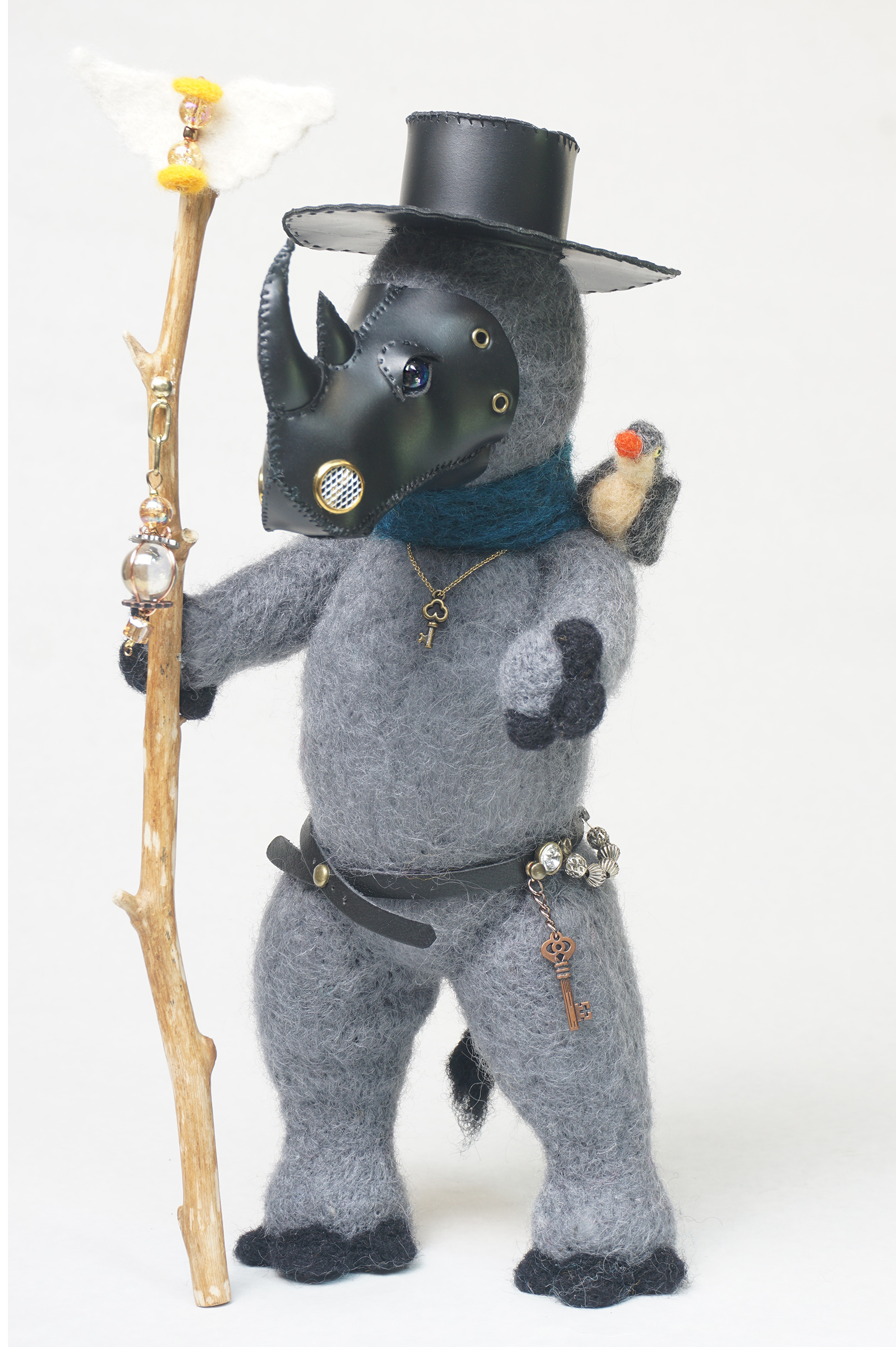Plague Doctor - anthropomorphic rhinoceros sculpture w/plague mask, staff, and oxpecker assistant. needle felted