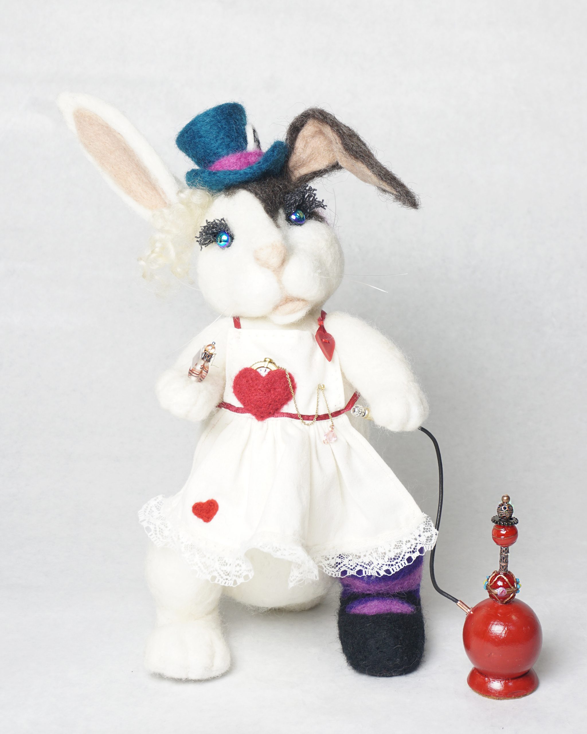 Through The Looking Glass One Too Many Times - anthropomorphic rabbit needle felted art doll sculpture Alice in Wonderland character mashup