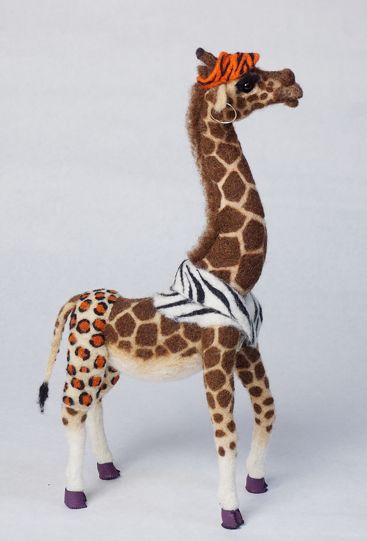 Dare to clash anthropomorphic giraffe sculpture, one of a kind needle felted art doll sculpture.
