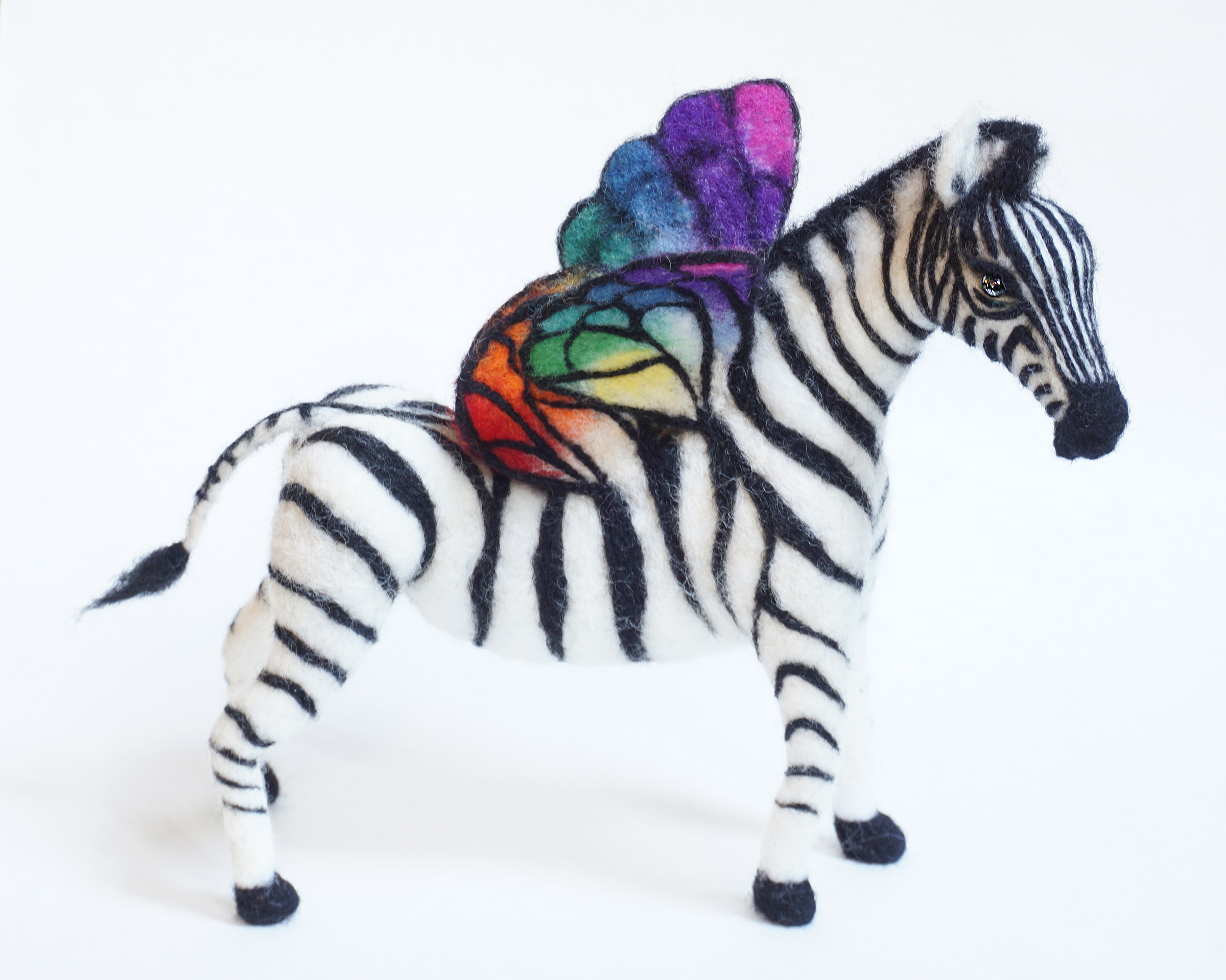 Morph, anthropomorphic zebra needle felted art doll figure sculpture with rainbow butterfly wings