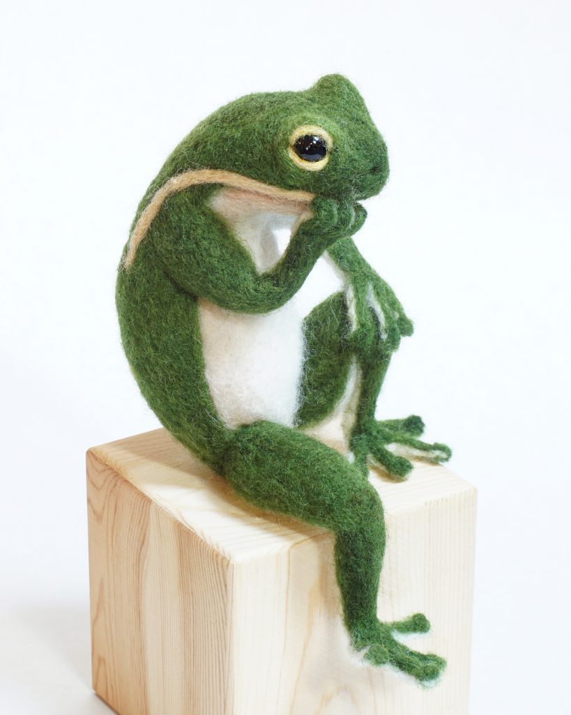 Pond-er, anthropomorphic frog needle felted art doll figure sculpture seated in 'Thinker"pose