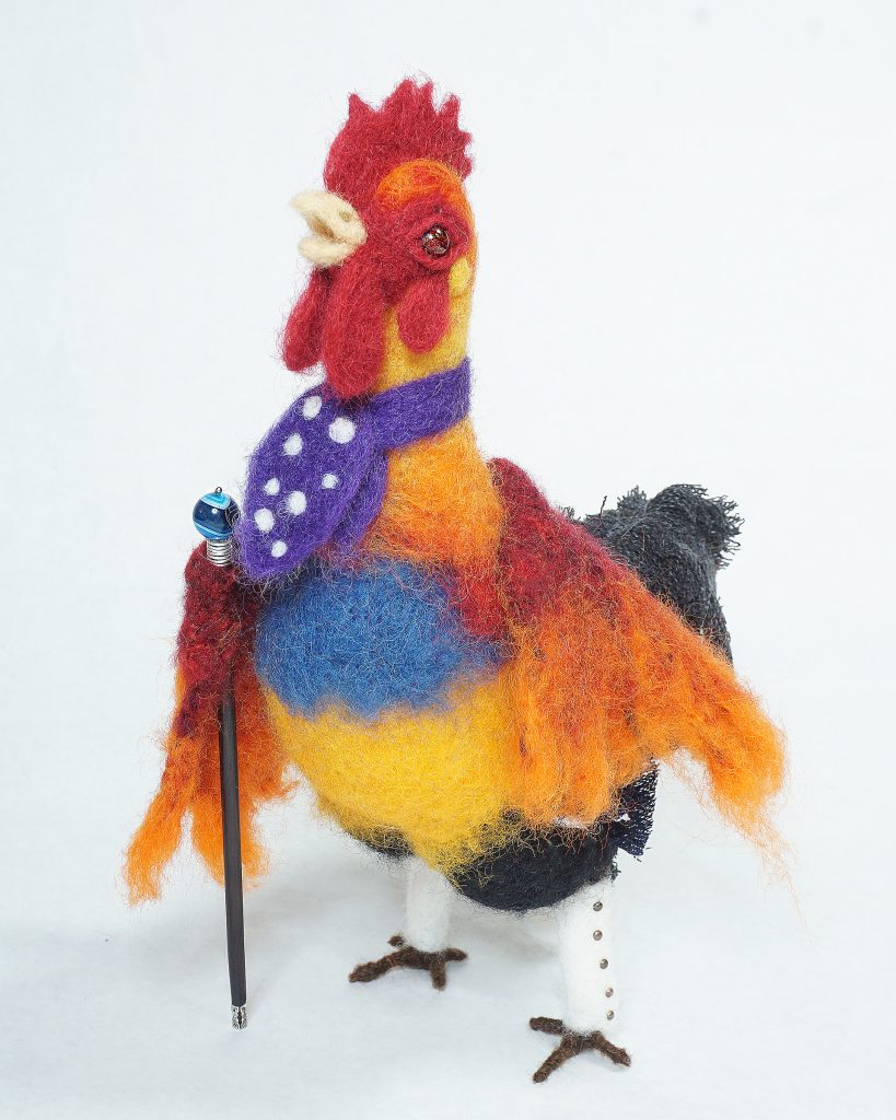 Anthropomorphic rooster nedle felted art doll figure sculpture