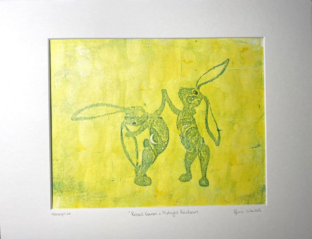 8x10 monoprint photo transfer of rabbit sculpture hand coloring