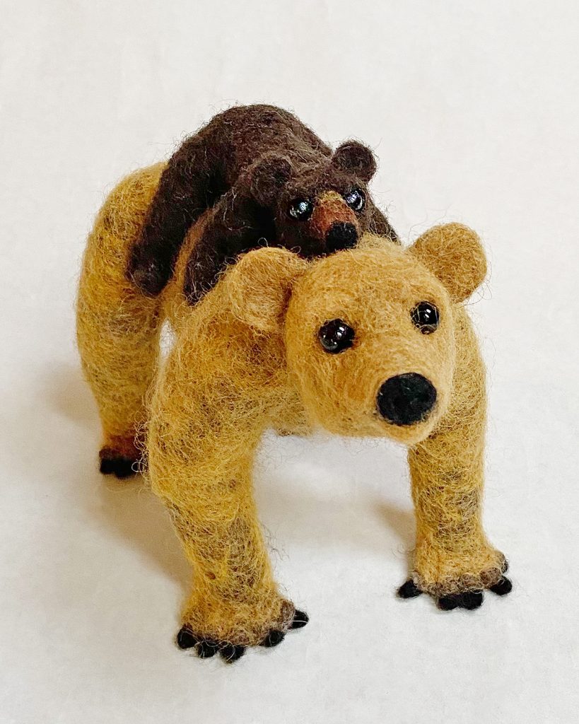 anthropomorphic needle felted bear art doll sculpture, with cub on mother's back