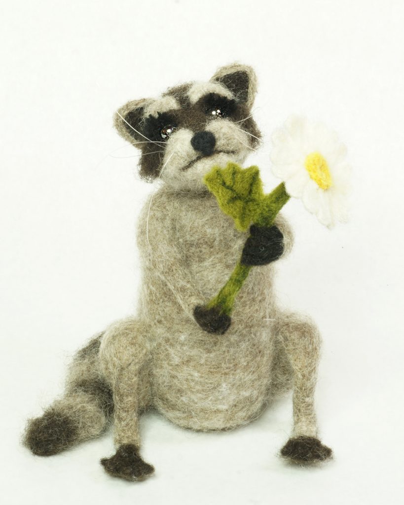 For You - anthropomorphic raccon needle felted art doll sculpture holding felted daisy