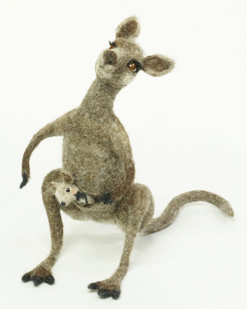 Kanga and Roo - anthropomorphic kangaroo needle felted art doll sculpture with joey in pouch
