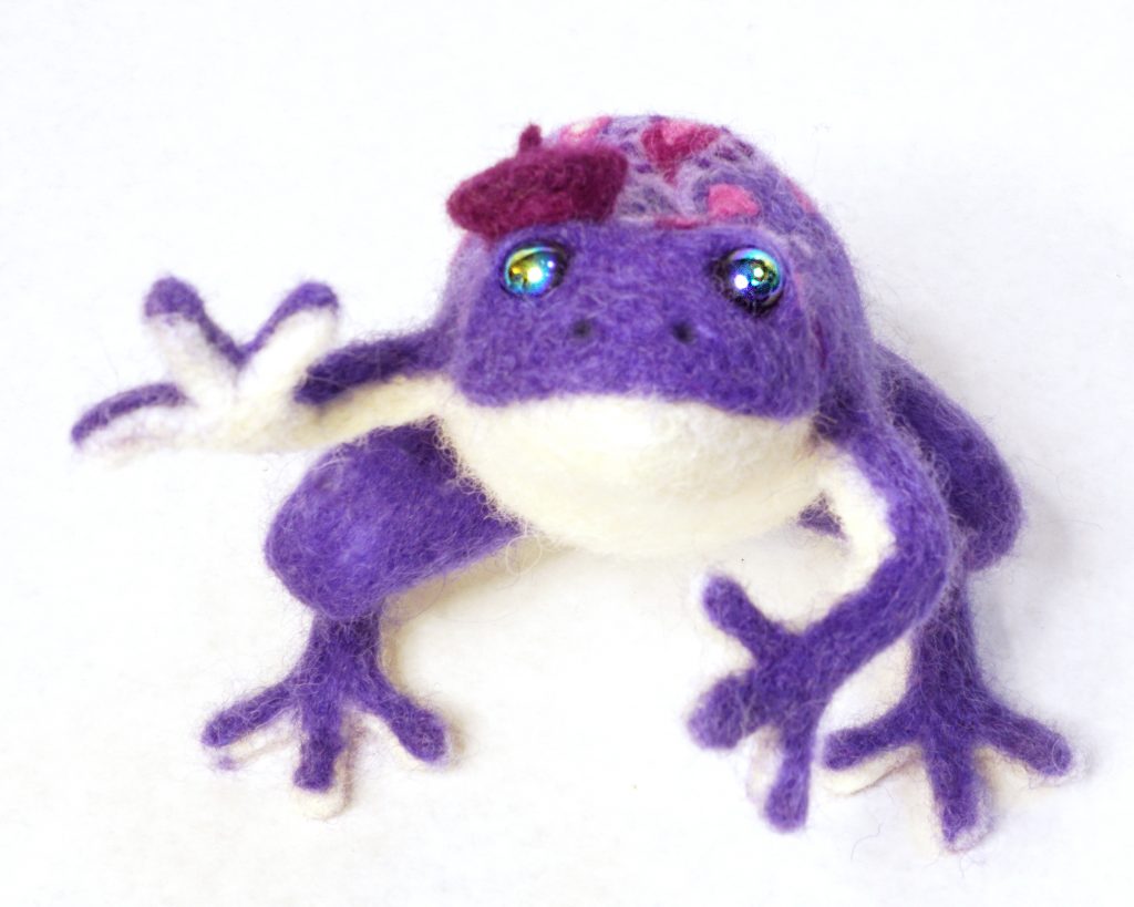 Prince Frog - needle felted anthropomorphic purple frog sculpture with paisley pattern and raspberry beret