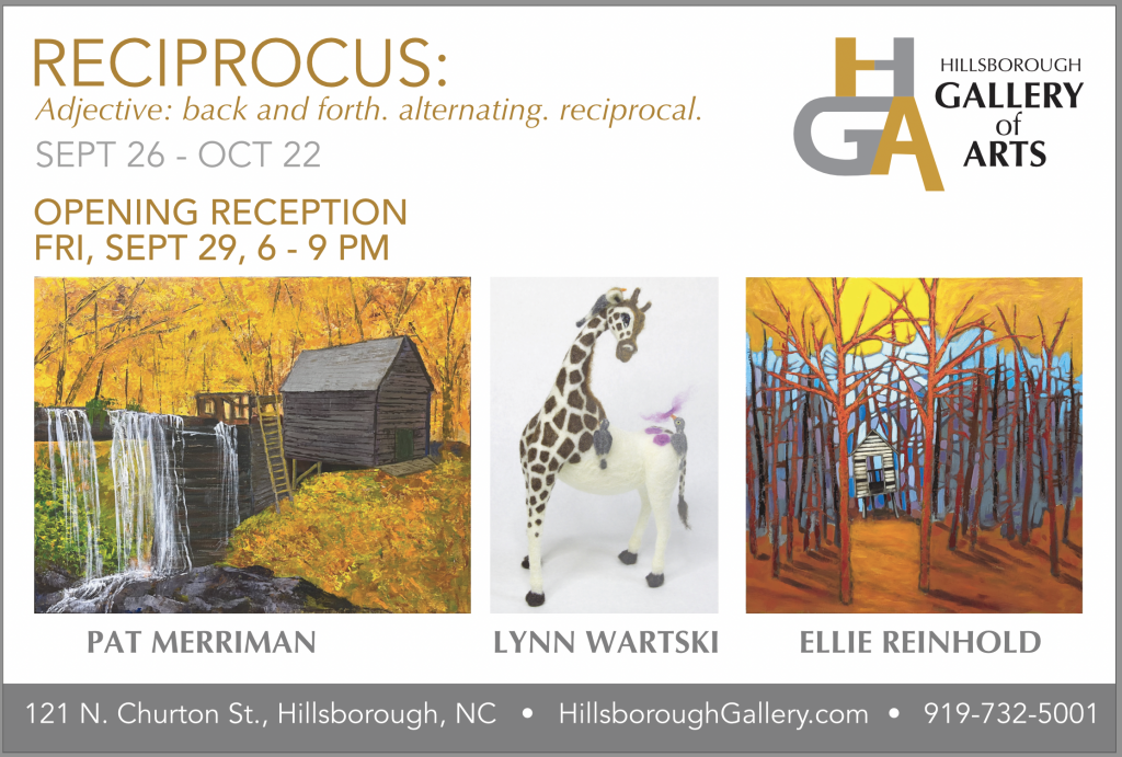 postcard design for "Reciprocus" art show at Hillsborough Gallery of Arts featuring Lynn Wartski, Ellie Reinhold, and Pat Merriman