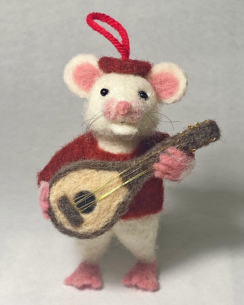 Mousician is a one-of-a-kind needle felted anthropomorphic mouse holiday ornament with a lute