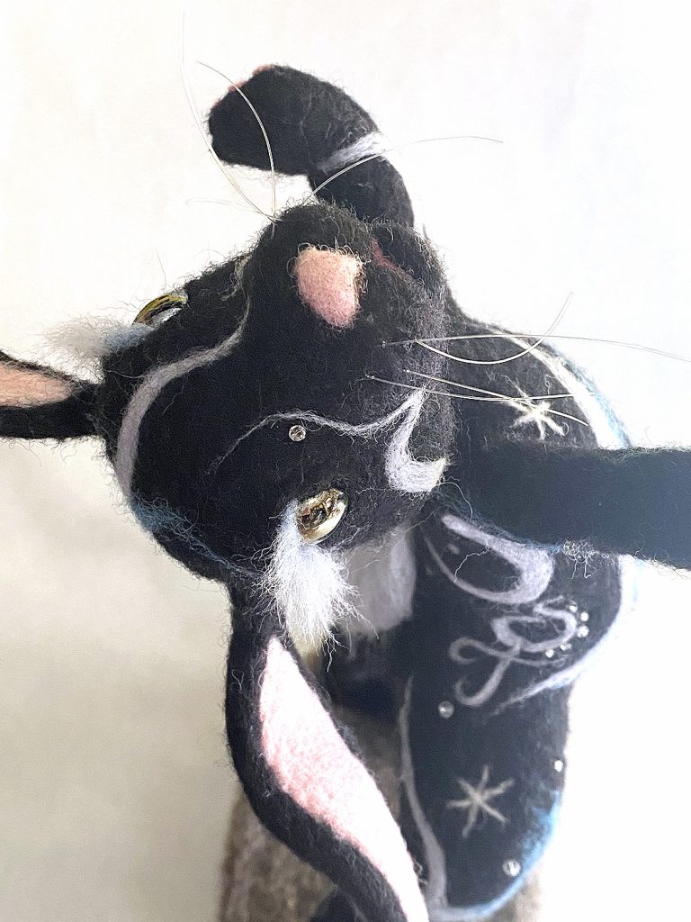 Venus Dances For Herself - anthropomorphic dancing rabbit sculpyure with celestial designs. needle felted wool