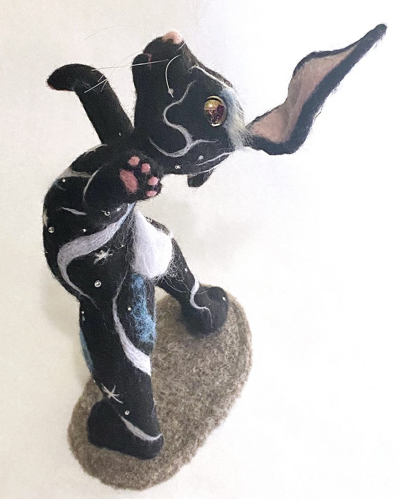 Venus Dances For Herself - anthropomorphic dancing rabbit sculpyure with celestial designs. needle felted wool