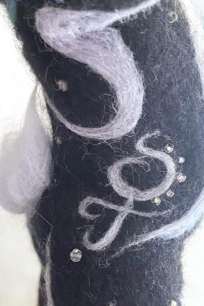 Venus Dances For Herself - anthropomorphic dancing rabbit sculpyure with celestial designs. needle felted wool