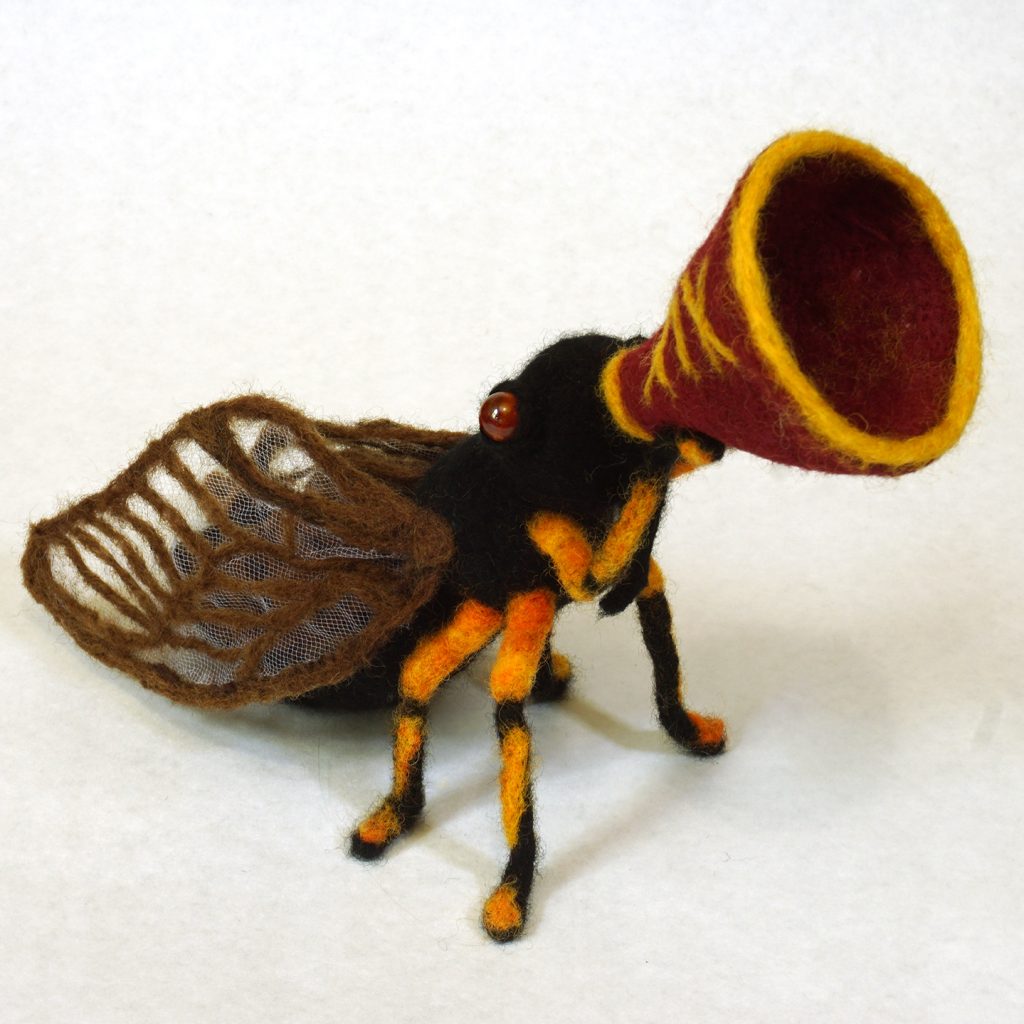 Brood XIX - the sound of summer, is a needle felted anthropomorhic cicada sculpture with vintage megaphone
