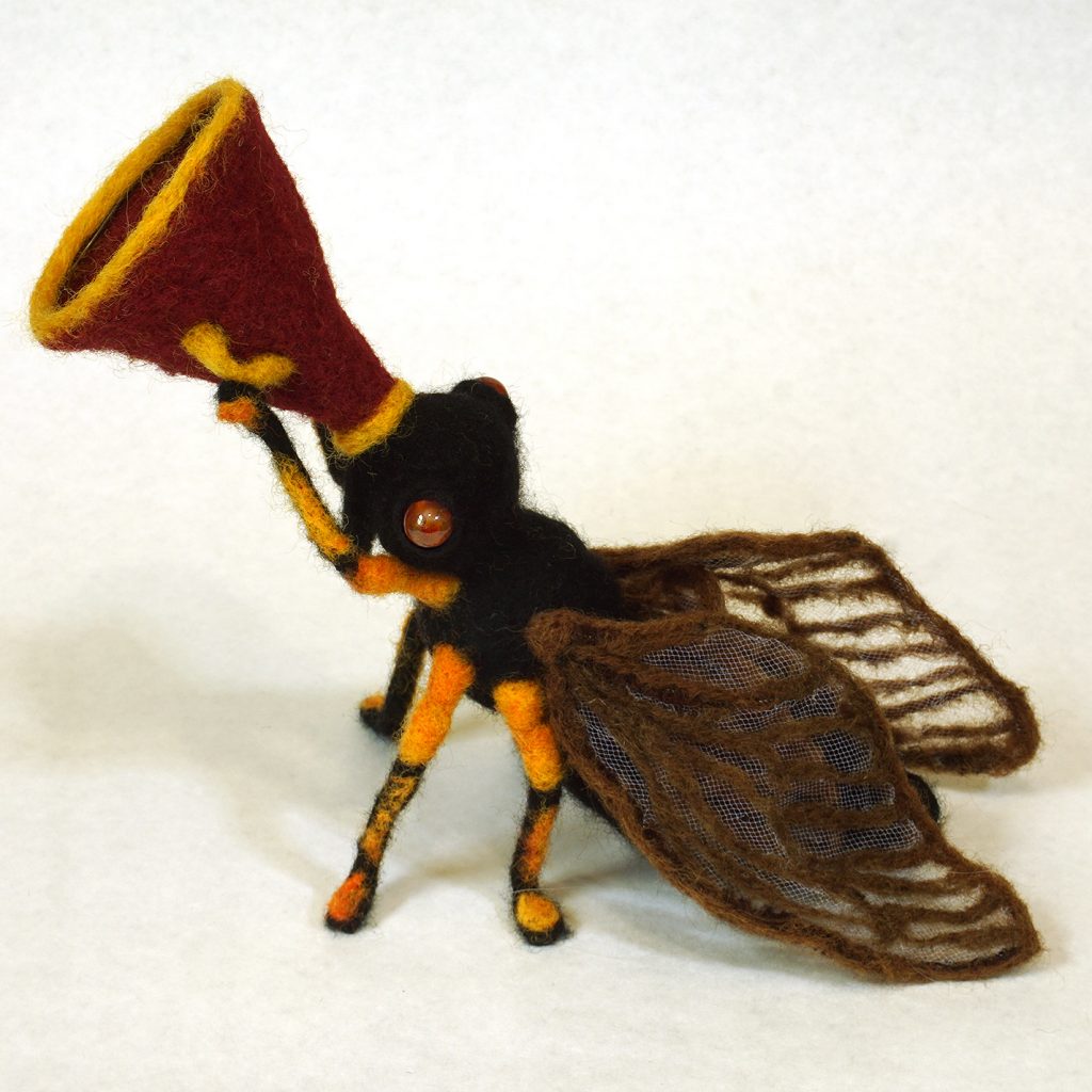 Brood XIX - the sound of summer, is a needle felted anthropomorhic cicada sculpture with vintage megaphone