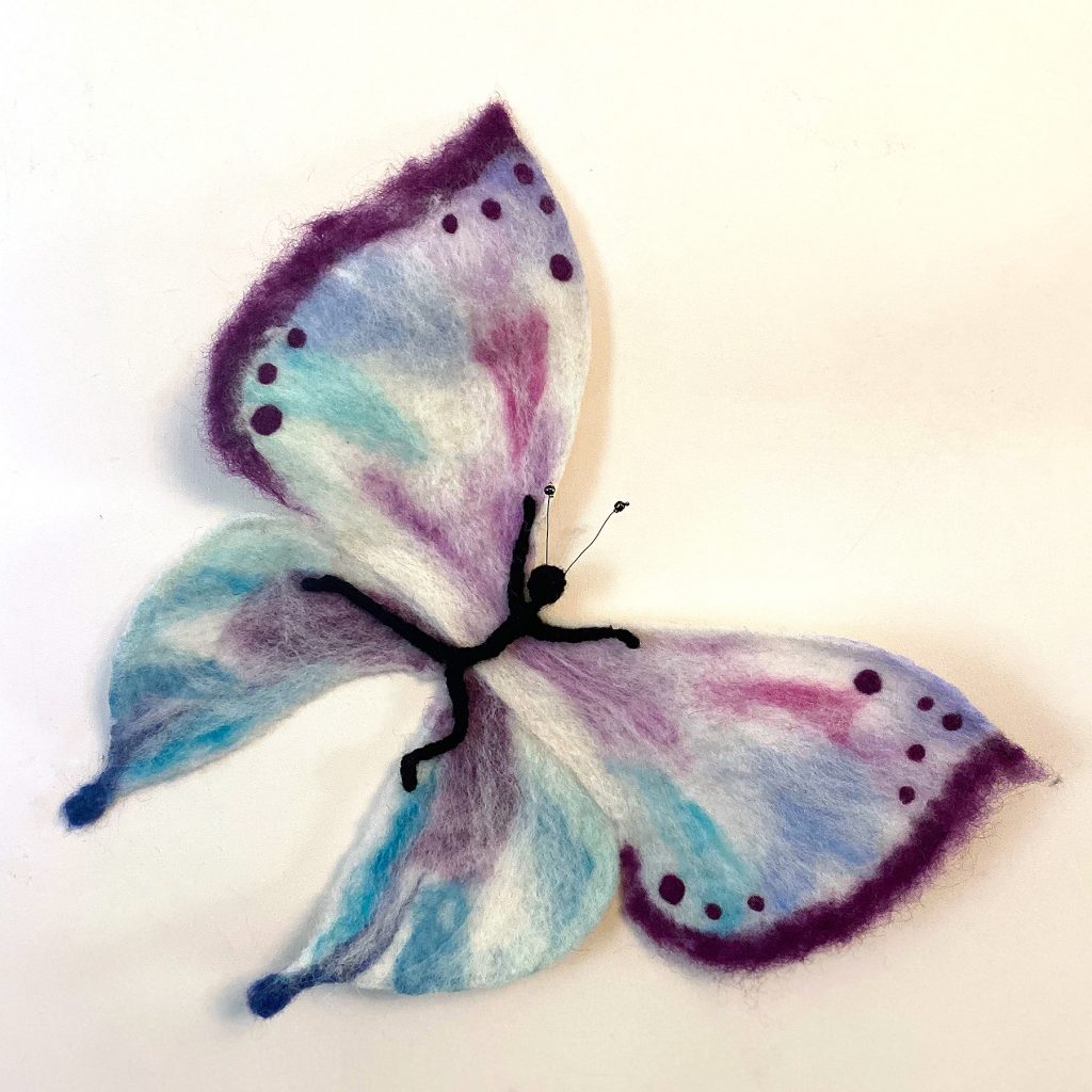 needle felted wall hanging butterfly/figure sculpture