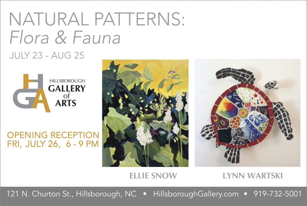 Invite for "Natural Patterns: Flora and Fauna" at Hillsborough Gallery of Arts featuring mixed media/needle felted animal and sealife sculptures by Lynn Wartski