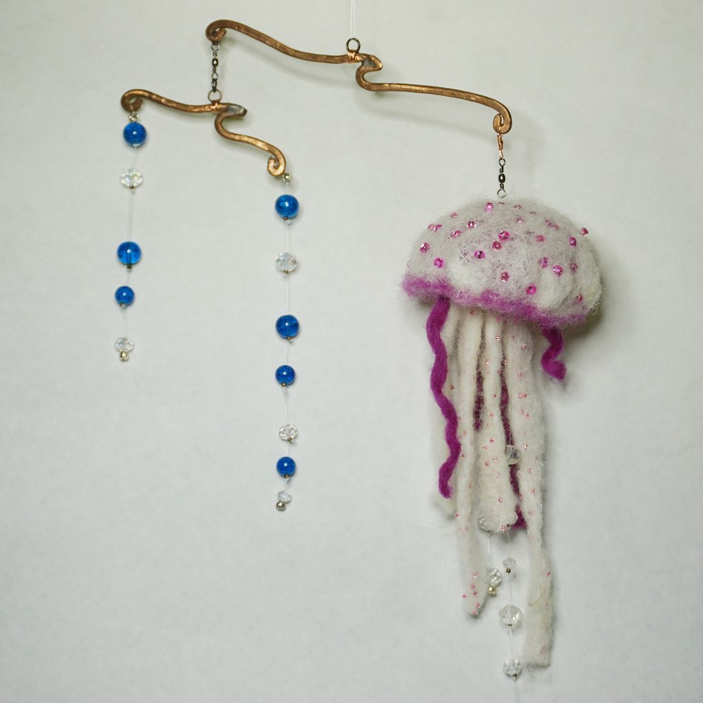 Needle felted jellyfish and glass bubbles hanging sculpture with glass bead embellishments one of several sealife sculptures for Natural Patterns - Flora and Fauna