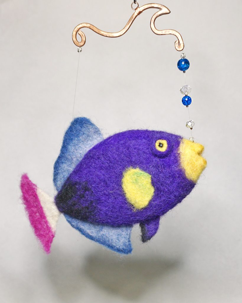 Needle felted pink tailed triggerfish hanging sculpture with glass bead embellishments one of several sealife sculptures for Natural Patterns - Flora and Fauna