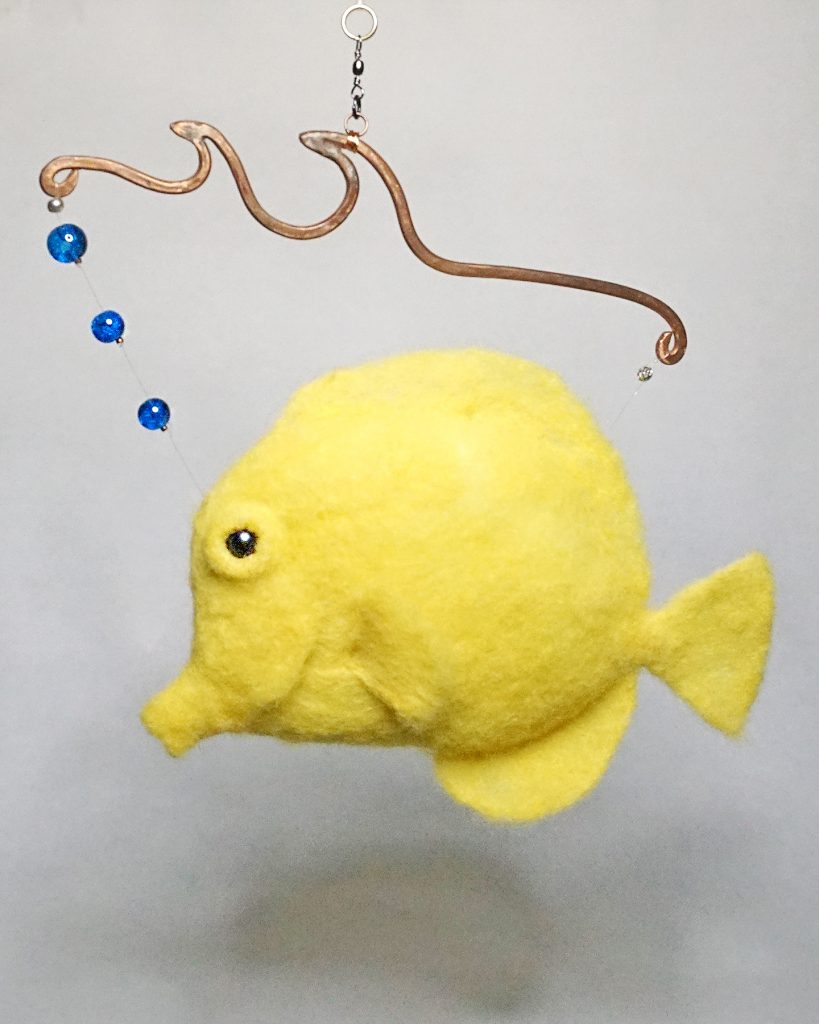 Needle felted yellow tang hanging sculpture with glass bead embellishments one of several sealife sculptures for Natural Patterns - Flora and Fauna