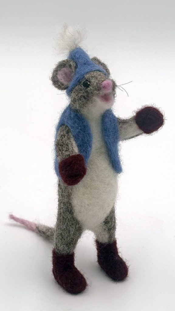 Caroling Mouse #3 2025 needle felted mouse figure with blue vest and hat by Lynn Wartski