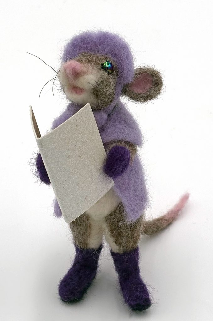 Caroling Mouse 23 2025 needle felted mouse figure with lavender cape and hat by Lynn Wartski