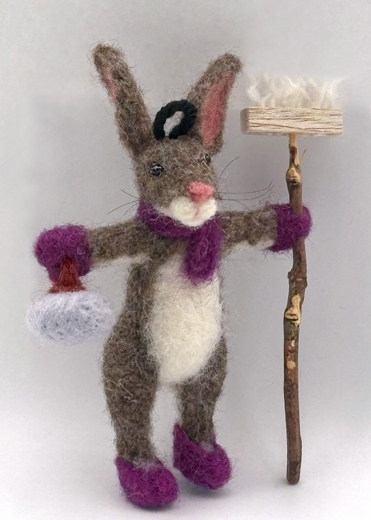 One-of-a-kind needle felted rabbit ornament with rustic broom and curling stone